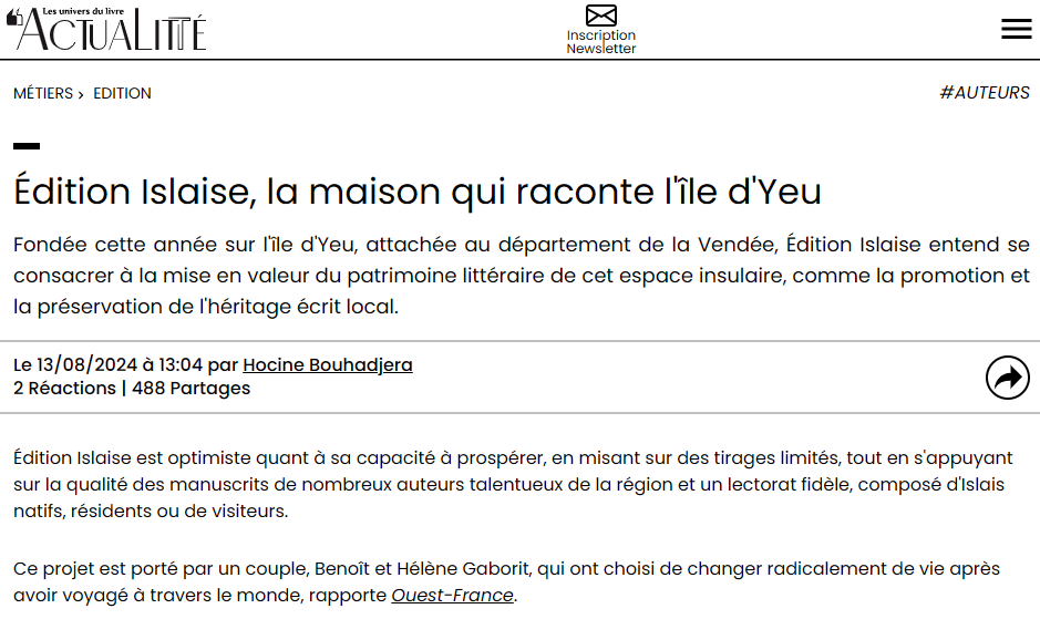 Article ActuaLitté du 13 août 2024 sur la création d'Édition Islaise et la publication du premier livre "dans le silence de l'île d'Yeu"