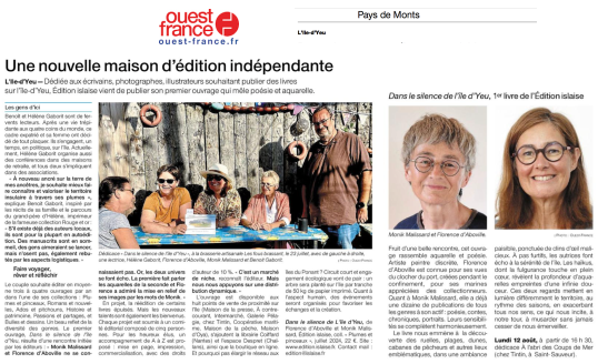 Article Ouest-France du 12 août 2024 sur la création d'Édition Islaise et la publication du premier livre "dans le silence de l'île d'Yeu"